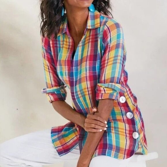 Soft Surroundings Kona Shores Rainbow Plaid Gauze Cotton Button Up Shirt - Picture 1 of 11